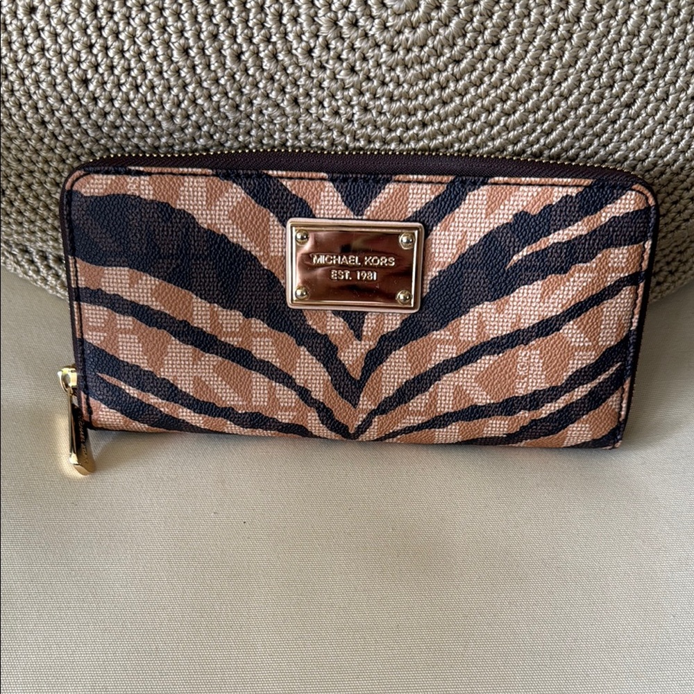 Michael Kors Black & Tan Zebra-Print Zip Around Wallet with Gold Plaque